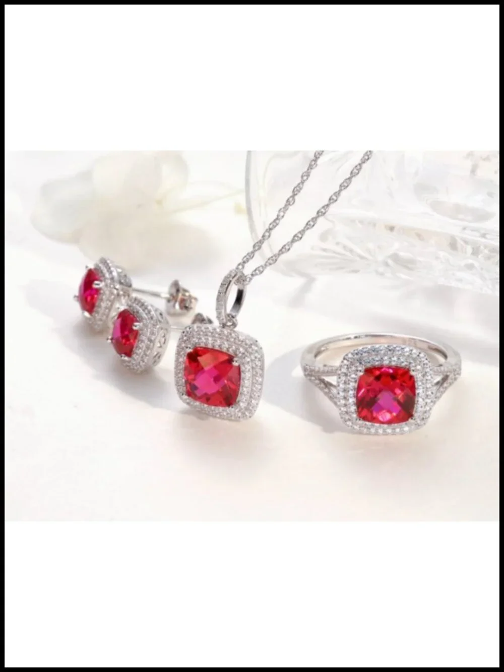 925 Sterling Silver Cushion Cut Ruby Halo Pendant Necklace